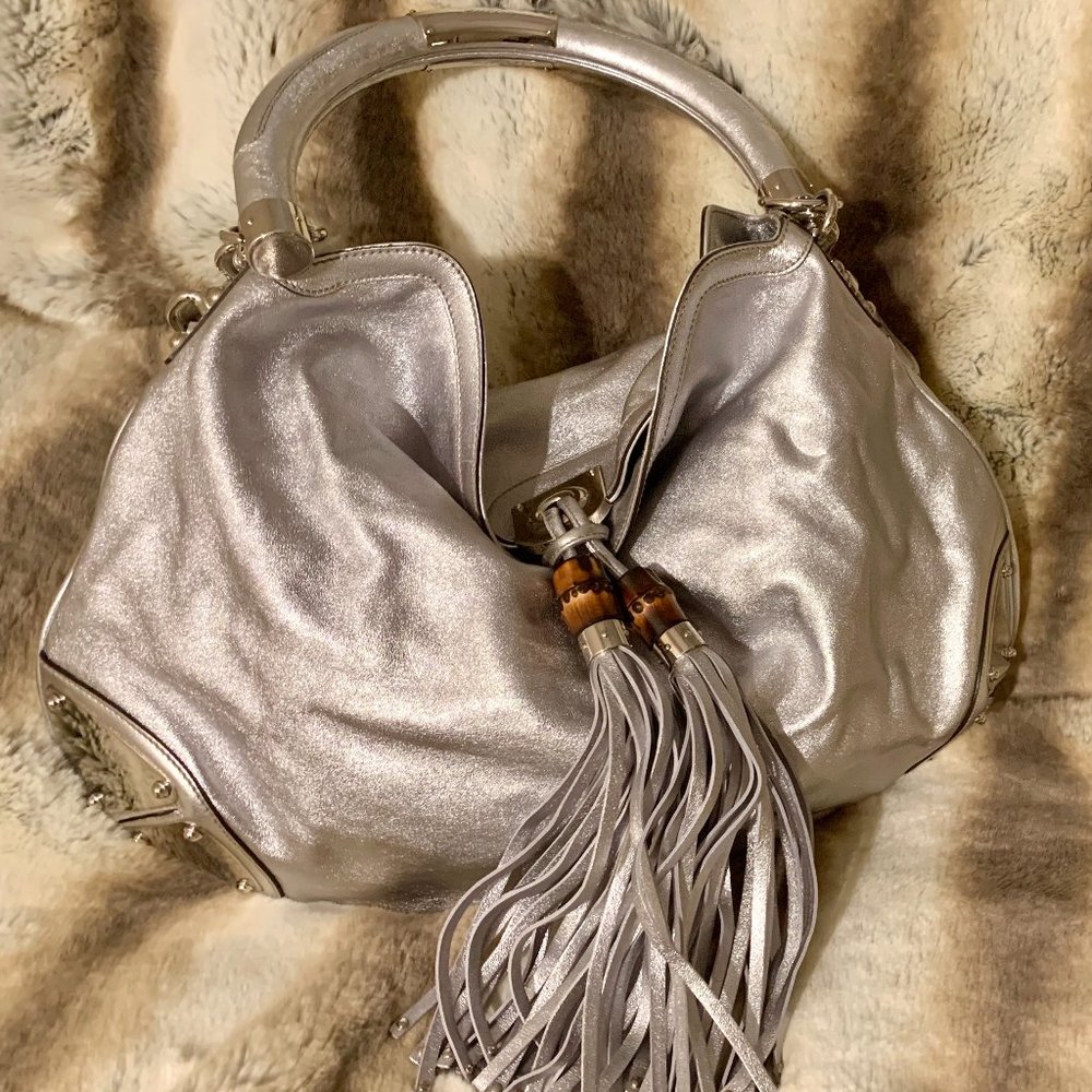 GUCCI Babouska Indy Silver Calfskin Top Handle Bag